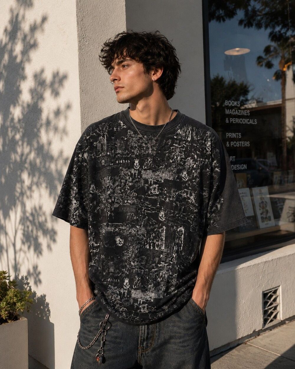 Y2K City Cotton Graphic T Shirt Mens 3XL Black Oversized All Over Print Grunge